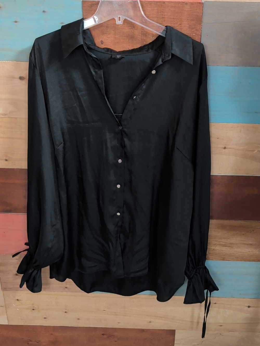 River Island Black Satin Button-Down with Tie Cuffs